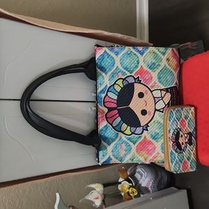 Mexican hand woven canvas bag, matching wallett